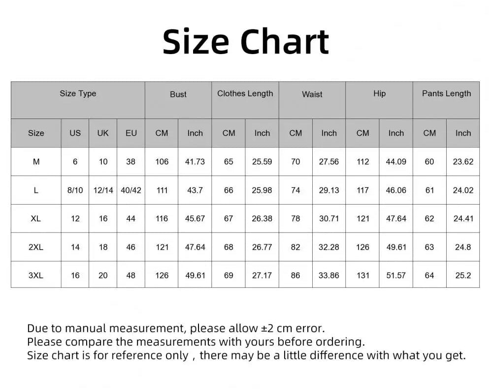Size chart for clothing with measurements in US, UK, EU, and inch formats.