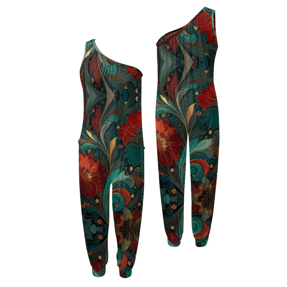 Colorful floral jumpsuit with a pattern on a white background