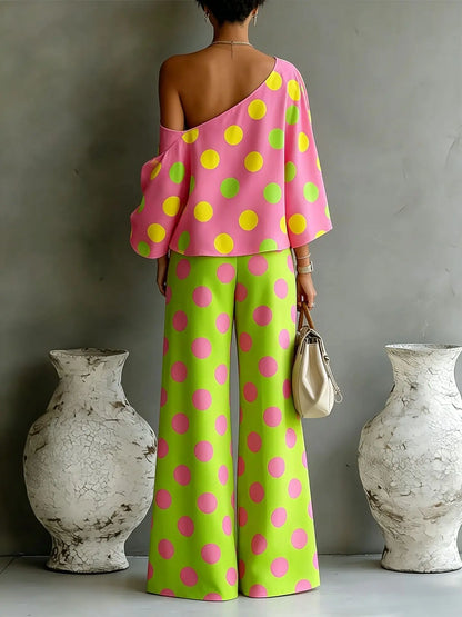 Polka Dot Off Shoulder Wide Leg Pant Set