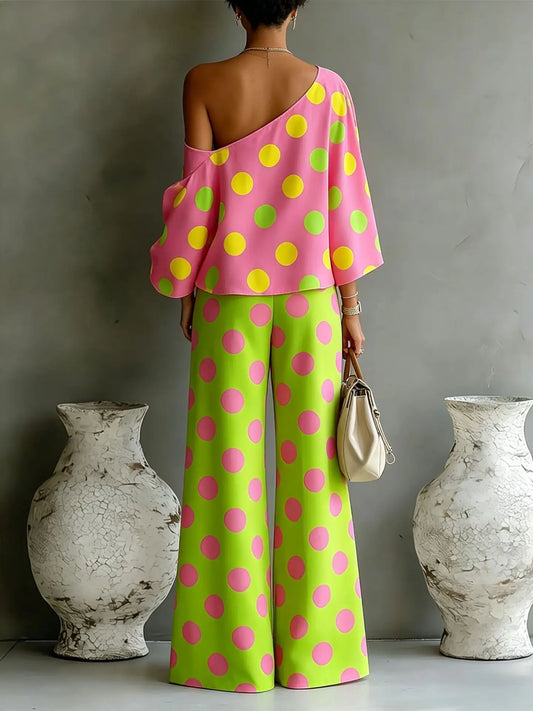 Polka Dot Off Shoulder Wide Leg Pant Set