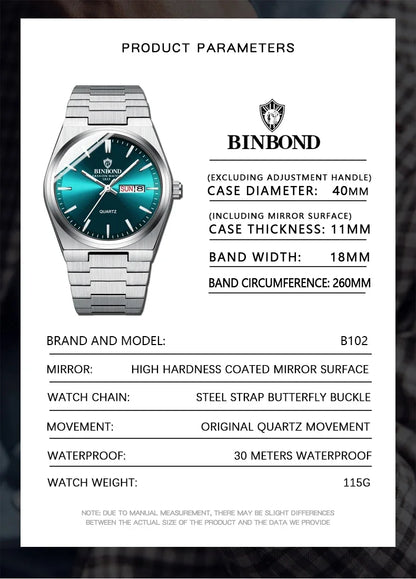 Product parameters of a Binbond watch with detailed specifications on a white background.