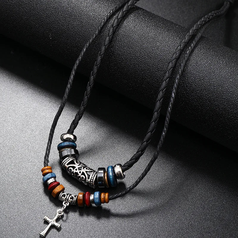 Boho Cross Layered Leather Necklace