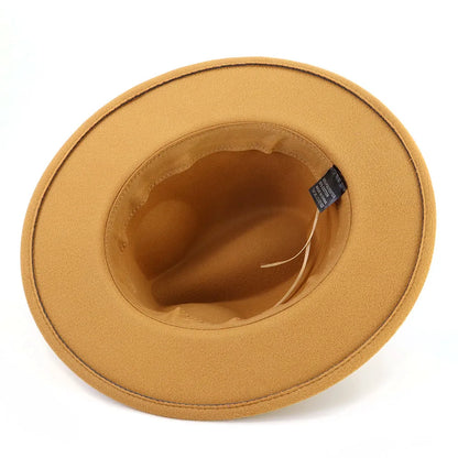 A tan felt wide-brim hat shown from a top-down view, displaying its interior lining and a small black size tag on the right side, set against a plain white background.