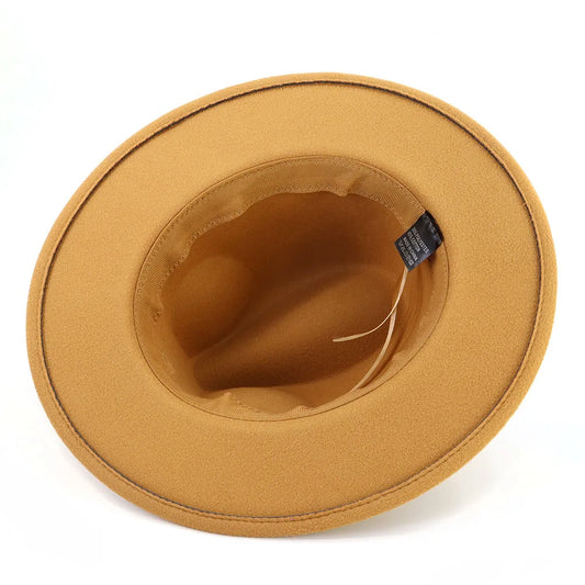 A tan felt wide-brim hat shown from a top-down view, displaying its interior lining and a small black size tag on the right side, set against a plain white background.