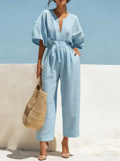 Boho Wide Leg Belted Jumpsuit with Pockets