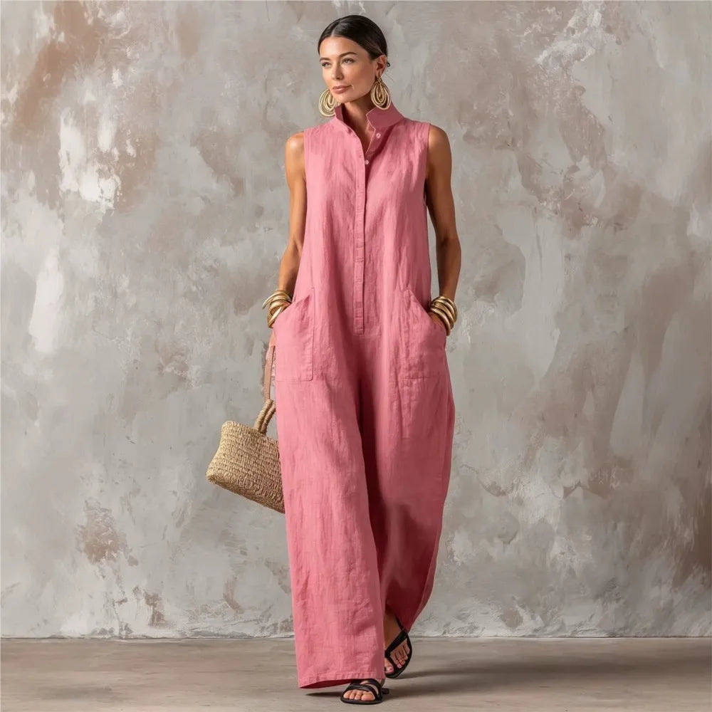 Sleeveless Collared Wide Leg Jumpsuit with Pockets