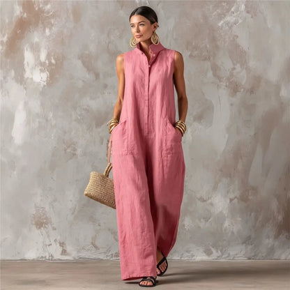 Sleeveless Collared Wide Leg Jumpsuit with Pockets