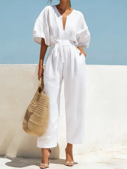 Boho Wide Leg Belted Jumpsuit with Pockets