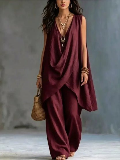 Women's Sleeveless Asymmetrical Linen Blend Set
