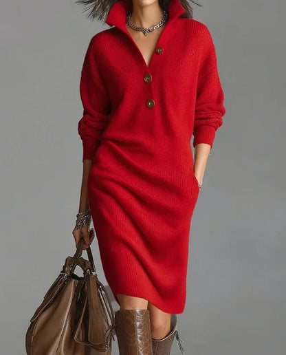 Classic Ribbed Knit Polo Midi Dress