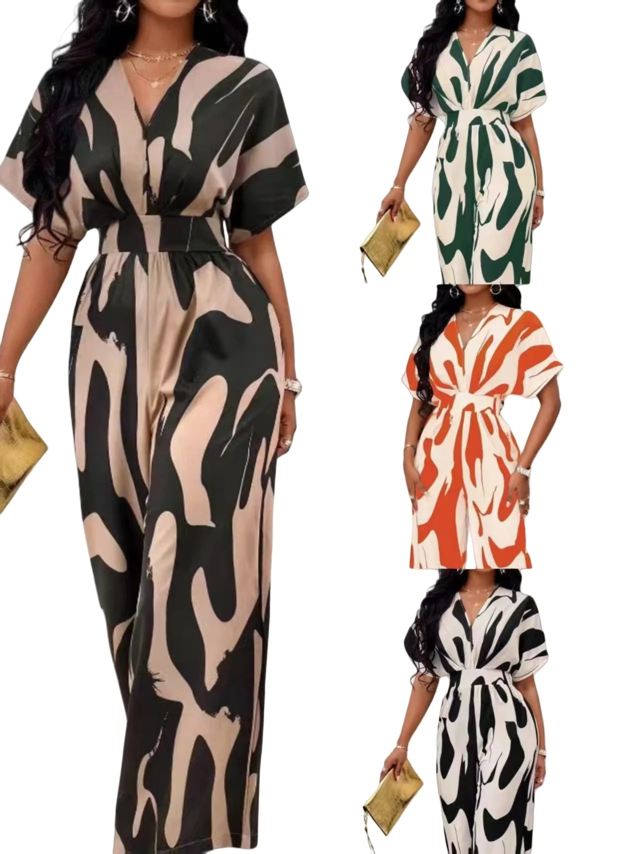 Elegant Printed Batwing Sleeve Jumpsuit