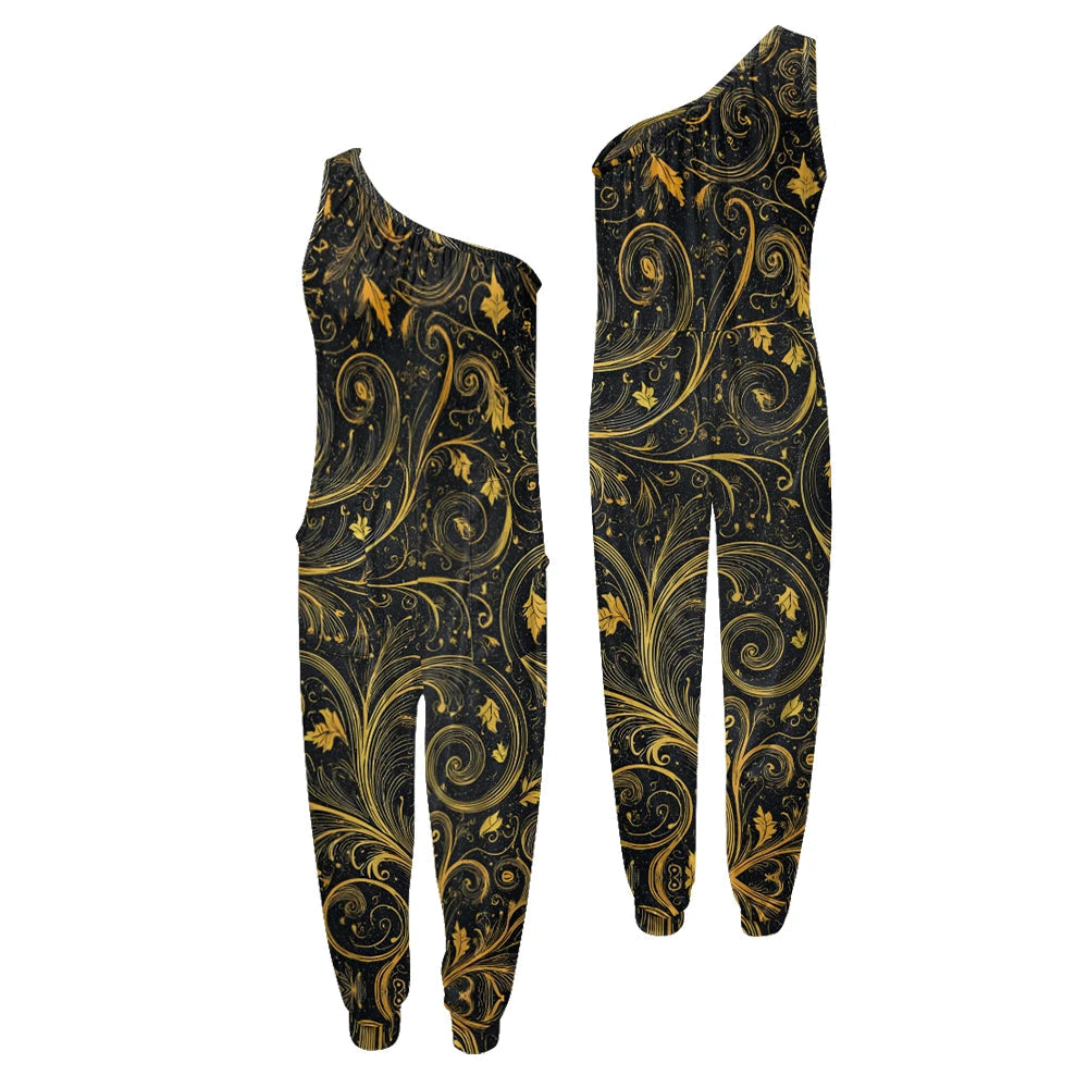 Black and gold patterned one-shoulder top and pants on a white background