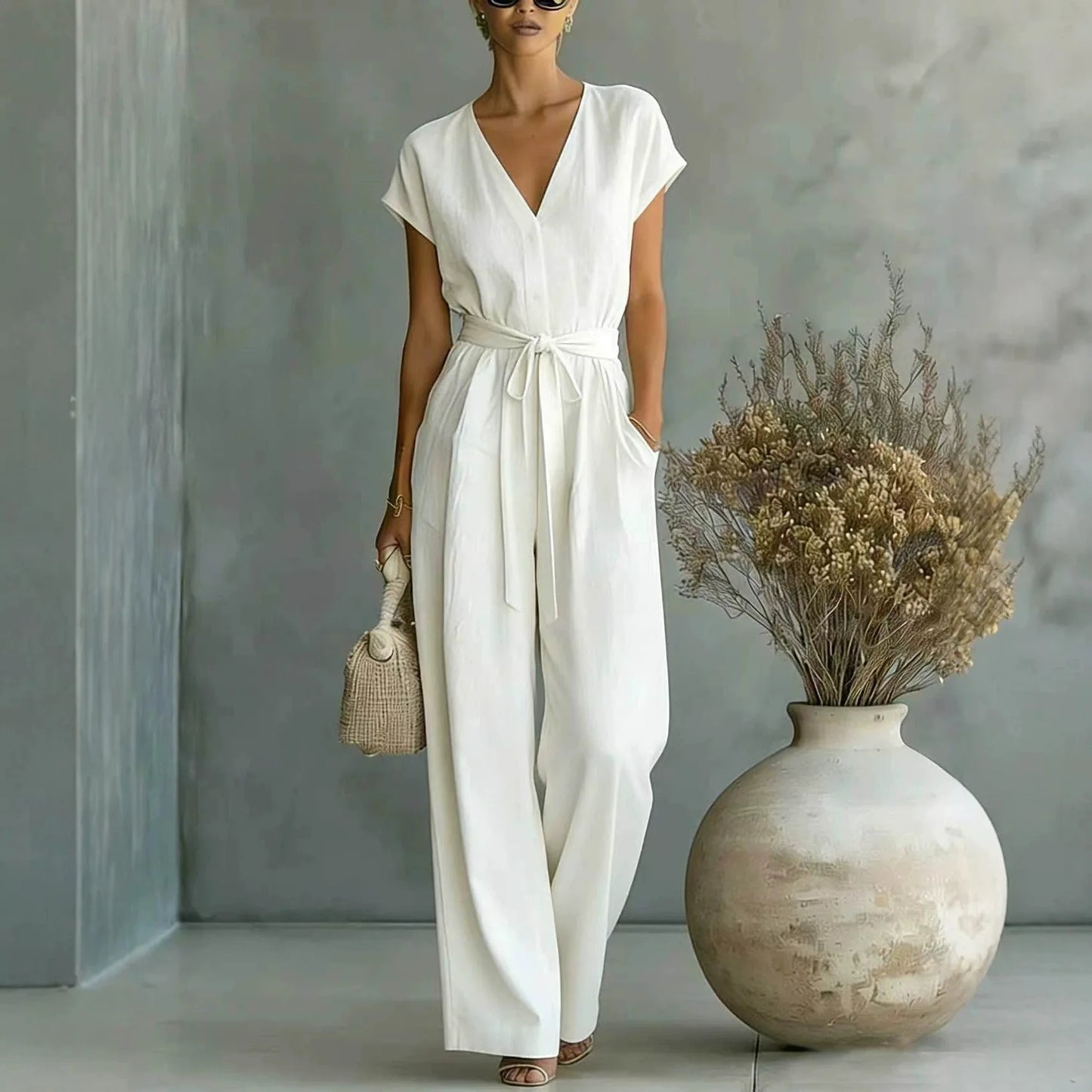 Women's High-Waist Wide-Leg Linen Jumpsuit
