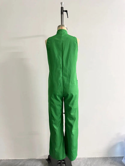 Sleeveless Collared Wide Leg Jumpsuit with Pockets