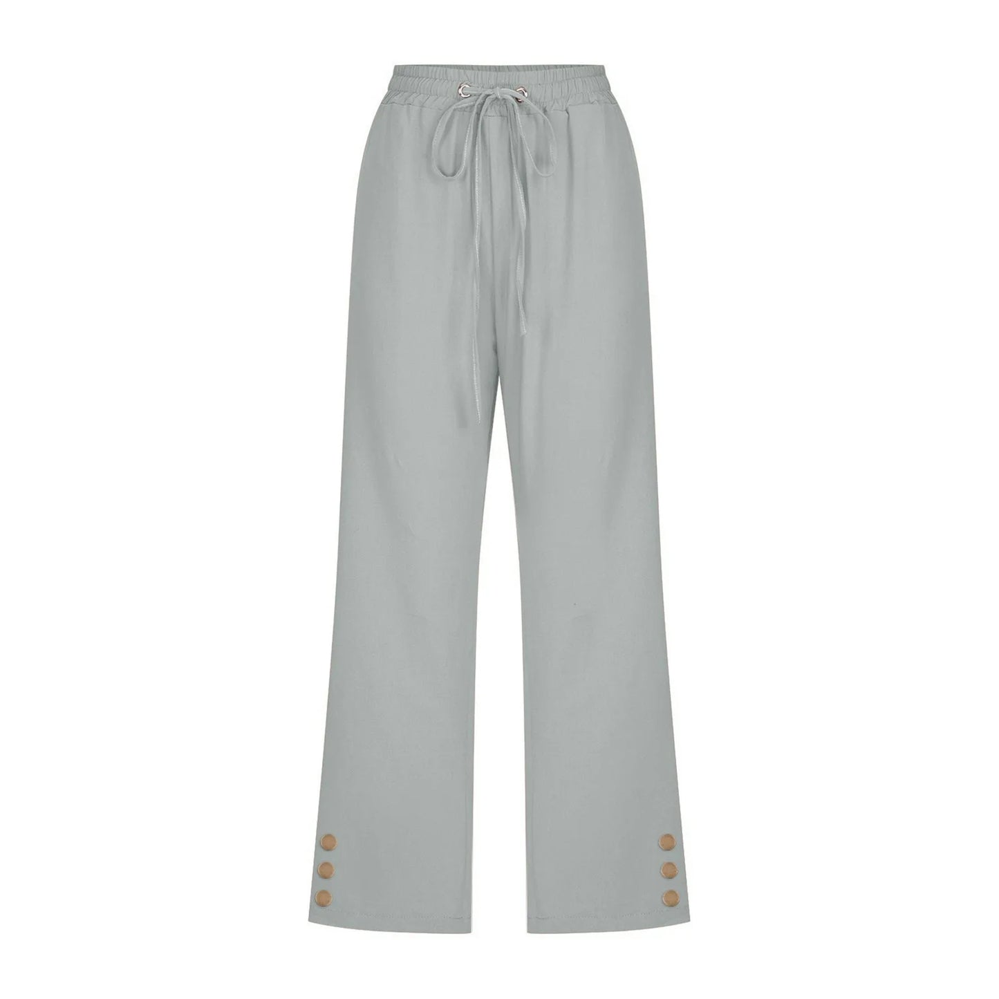 Light gray pants with button details on a white background