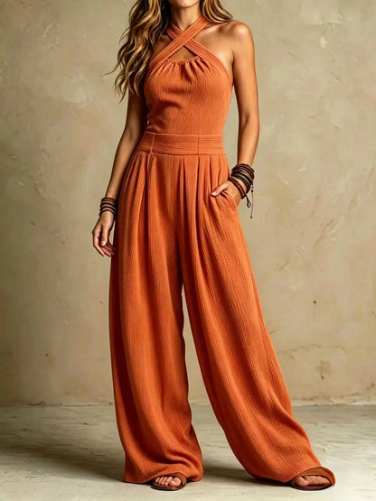 Halter Cross-Neck Wide Leg Jumpsuit
