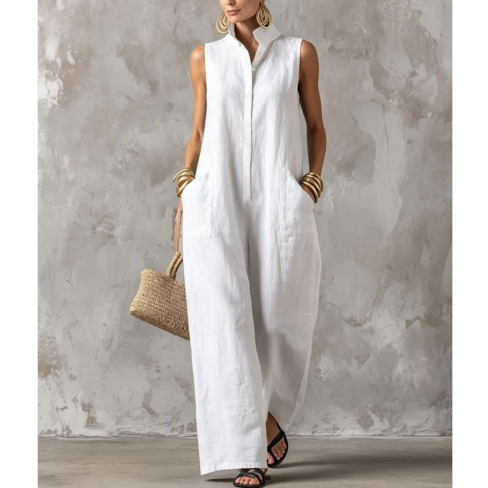 Sleeveless Collared Wide Leg Jumpsuit with Pockets
