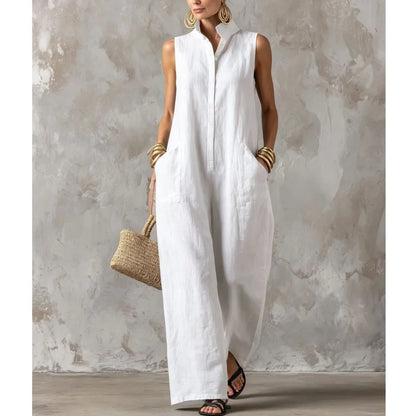 Sleeveless Collared Wide Leg Jumpsuit with Pockets
