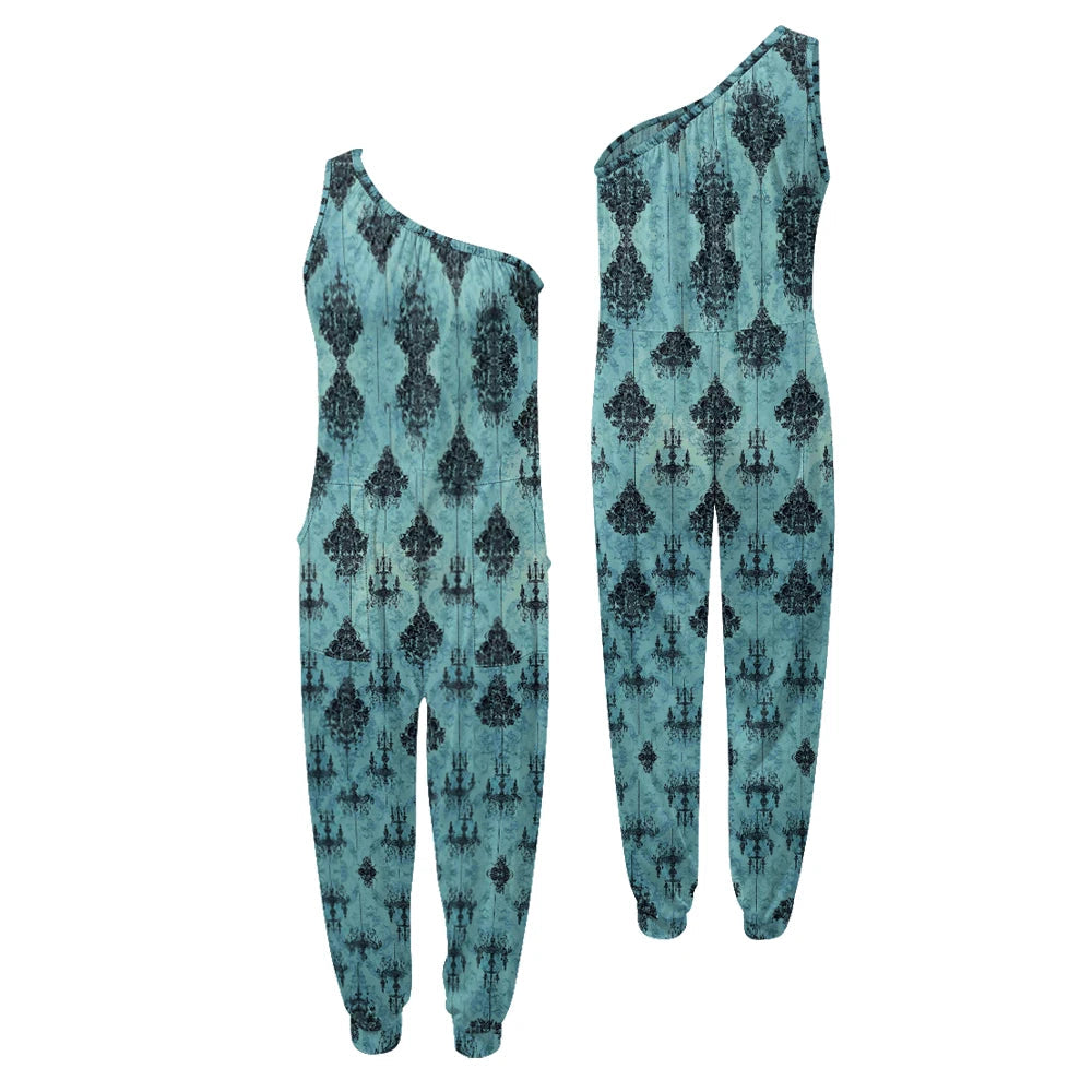 Teal one-shoulder jumpsuit with black pattern on a white background