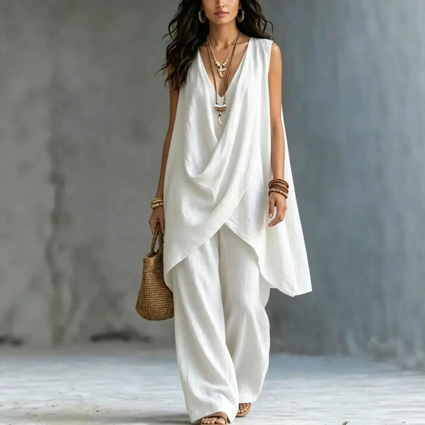 Women's Sleeveless Asymmetrical Linen Blend Set