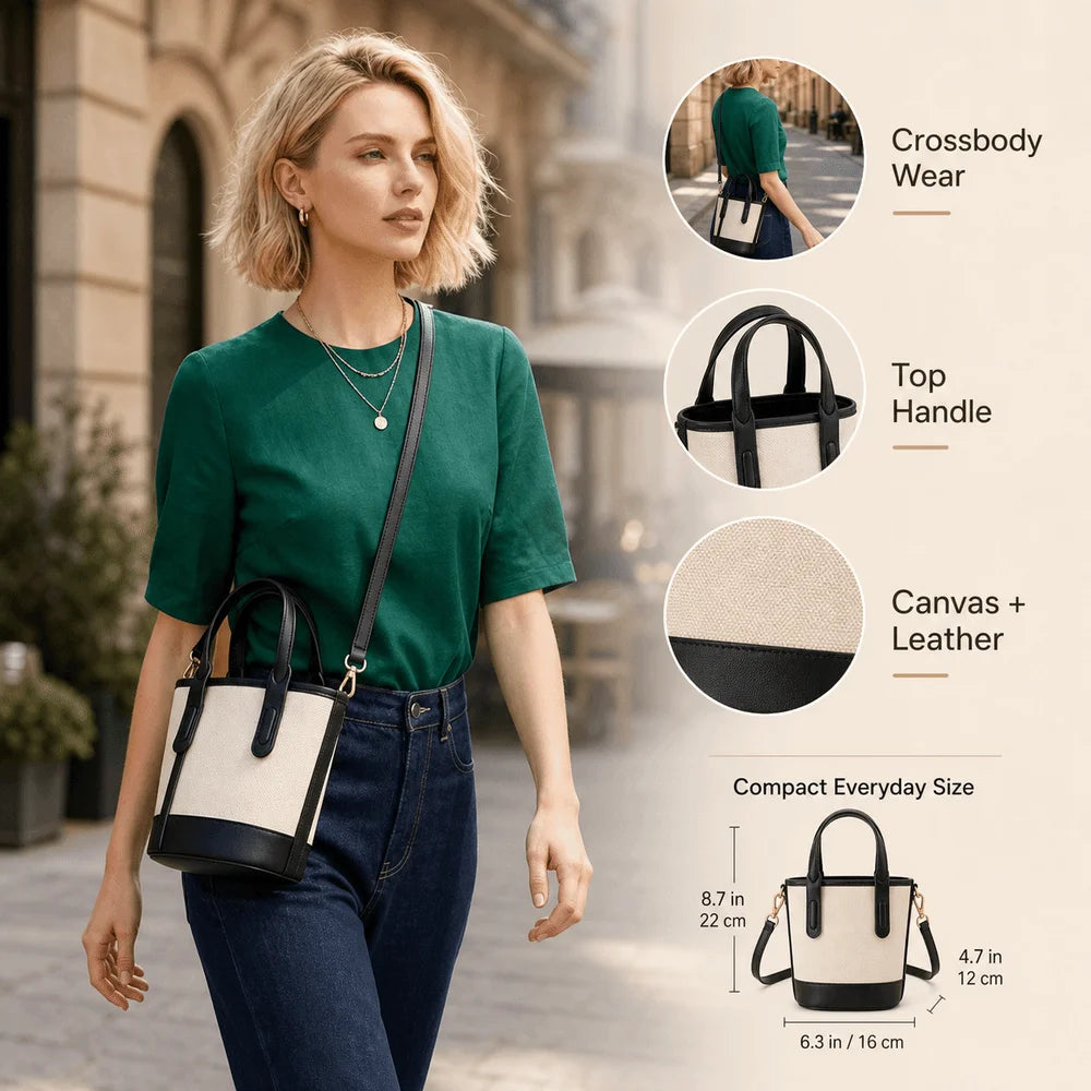 A woman wearing a green top and jeans carries a small crossbody bag with a cream canvas body and black leather trim and handles, shown on a city street. On the right are feature callouts: crossbody wear, top handle, canvas + leather detail, and compact everyday size with measurements.