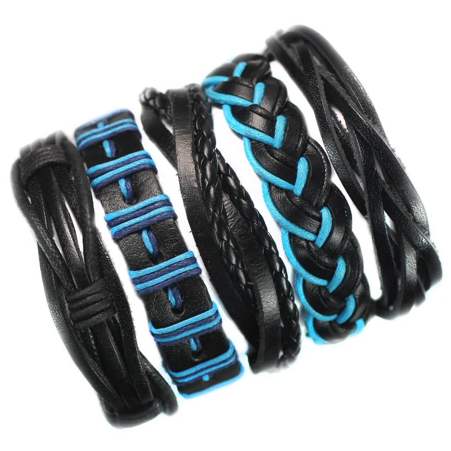 Black and blue braided leather bracelets on a white background