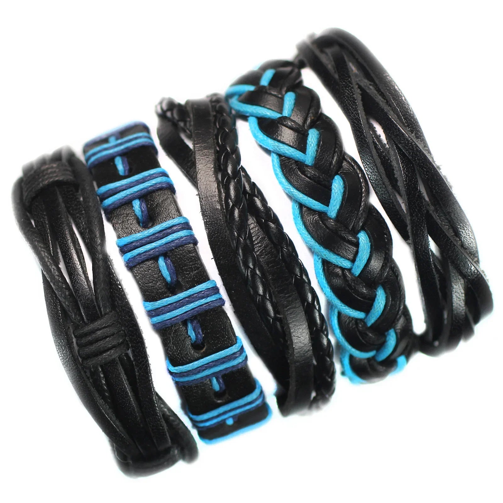 Black and blue braided leather bracelets on a white background