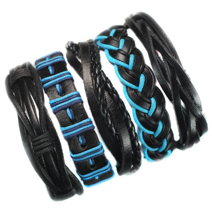 Black and blue braided leather bracelets on a white background