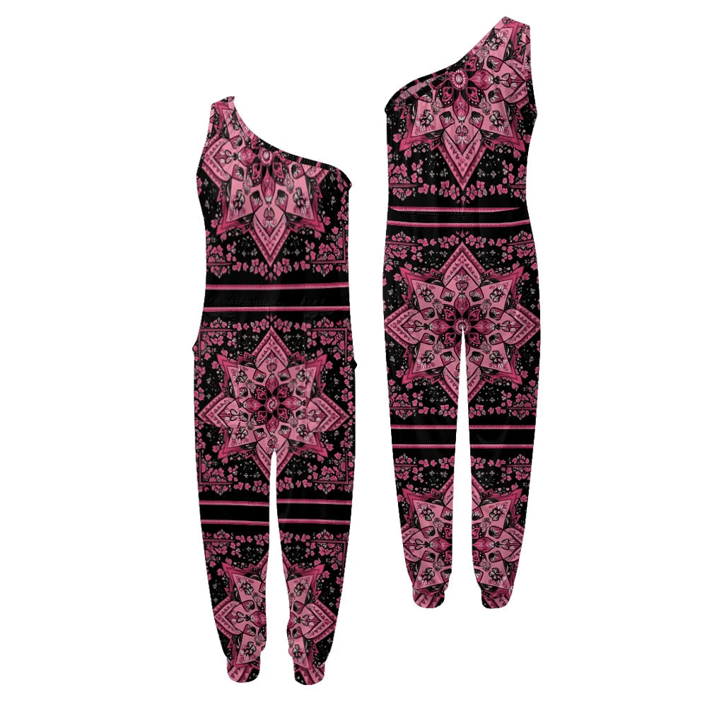 Black and pink patterned jumpsuit on a white background.