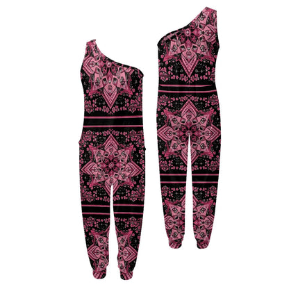 Black and pink patterned jumpsuit on a white background.