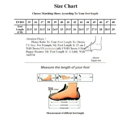 Shoe size chart with measurements for feet in both EU and US systems, including a diagram on how to measure foot length.
