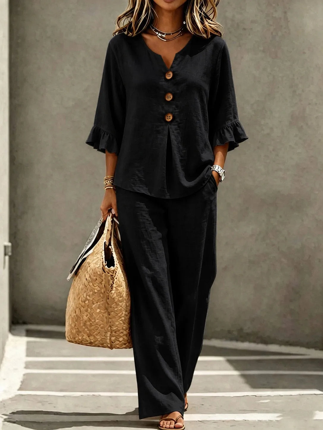 Ruffled Linen Look Two Piece Set