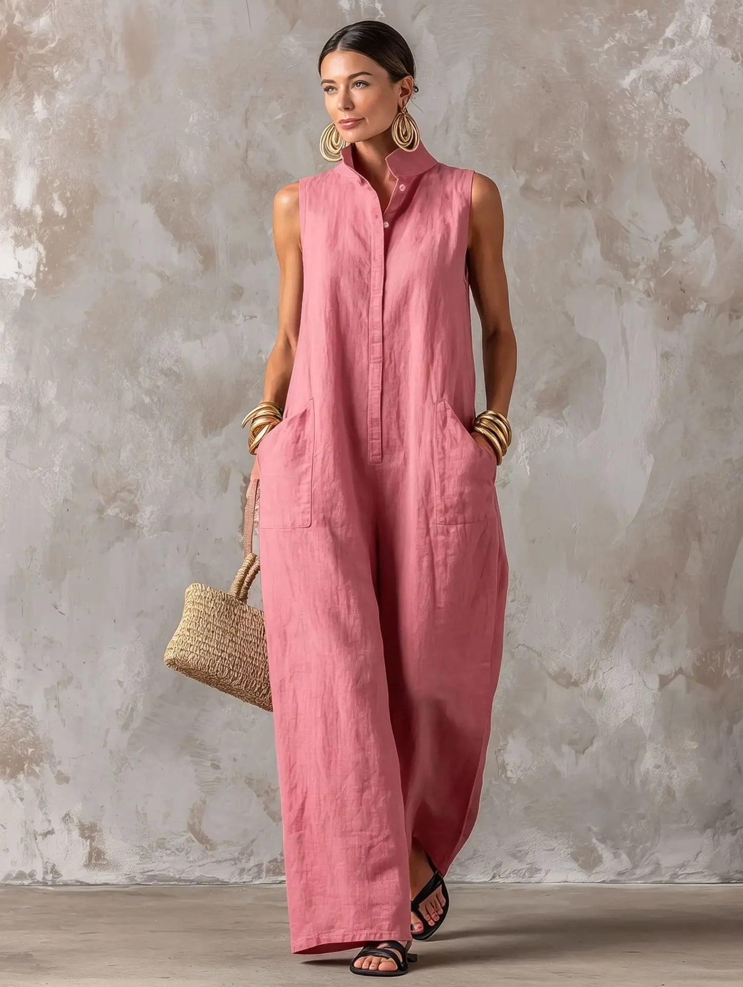 Sleeveless Collared Wide Leg Jumpsuit with Pockets