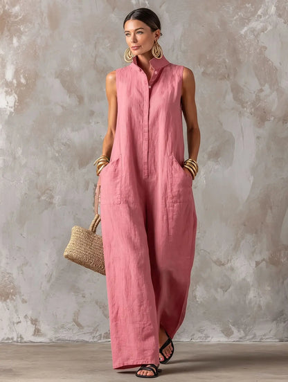 Sleeveless Collared Wide Leg Jumpsuit with Pockets