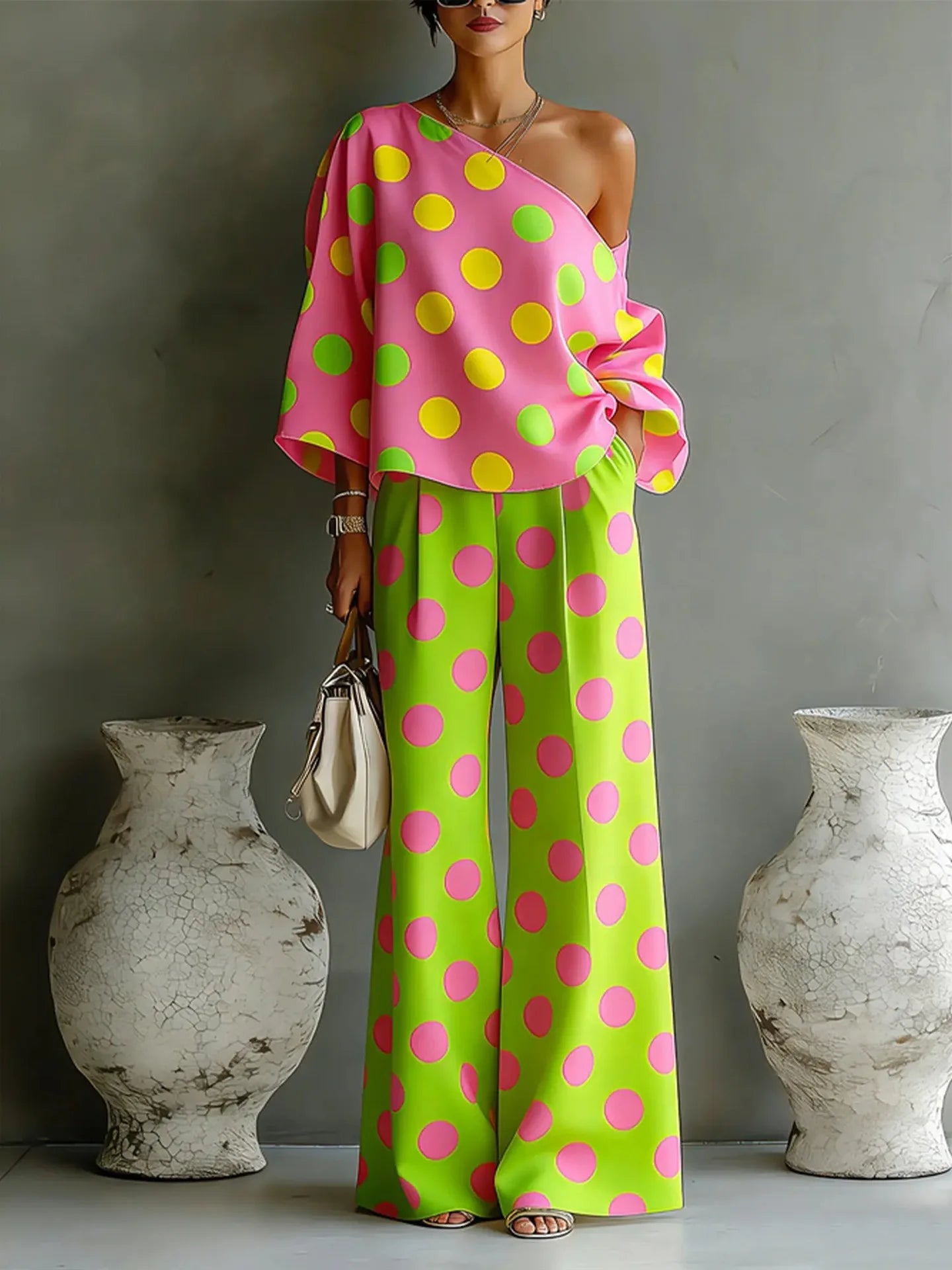 Polka Dot Off Shoulder Wide Leg Pant Set