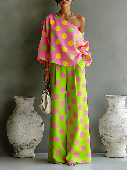 Polka Dot Off Shoulder Wide Leg Pant Set