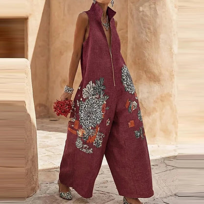 Retro Floral Stand Collar Zipper Wide-Leg Jumpsuit