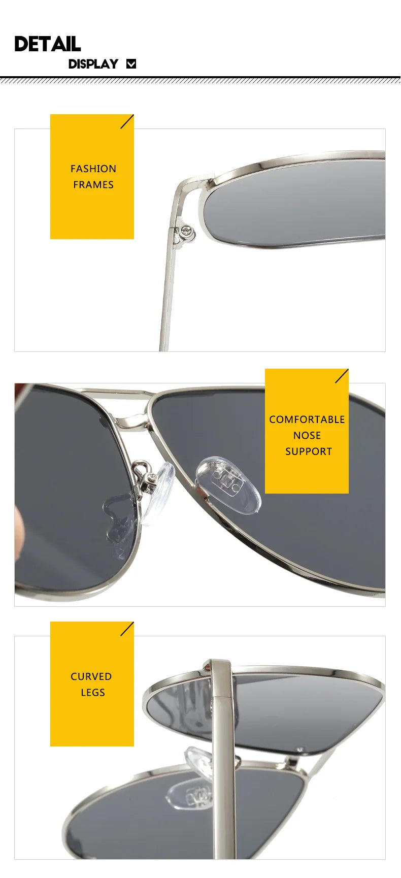 Three close-up detail panels of aviator-style sunglasses showing the temple arm, curved legs, and side hinge, with yellow callout labels and text including 'FASHION FRAMES', 'COMFORTABLE NOSE SUPPORT', and 'CURVED LEGS'.