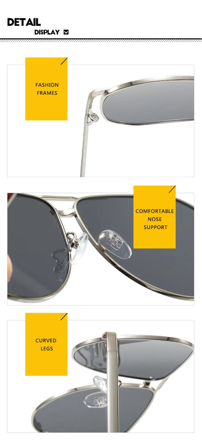 Three close-up detail panels of aviator-style sunglasses showing the temple arm, curved legs, and side hinge, with yellow callout labels and text including 'FASHION FRAMES', 'COMFORTABLE NOSE SUPPORT', and 'CURVED LEGS'.