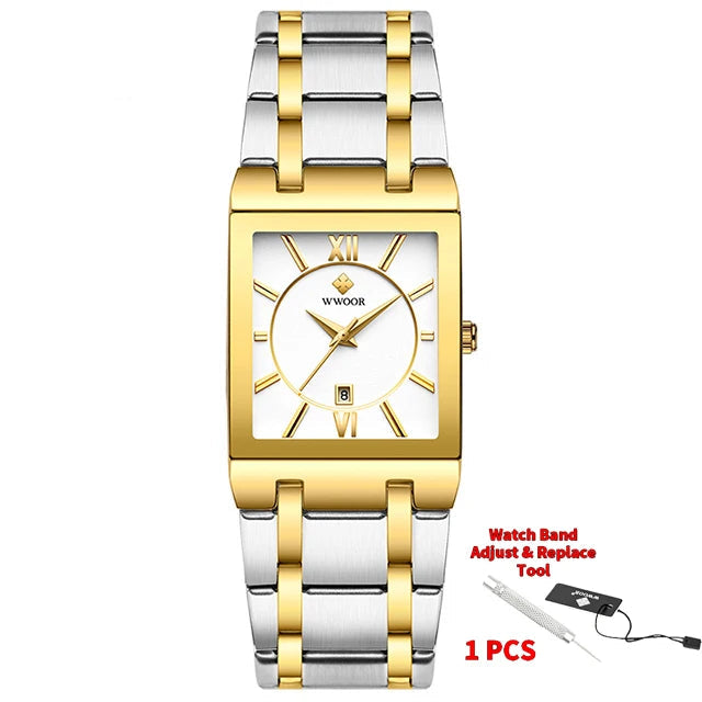 Gold and silver watch with WWOOR branding on a white background