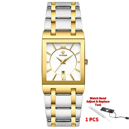 Gold and silver watch with WWOOR branding on a white background