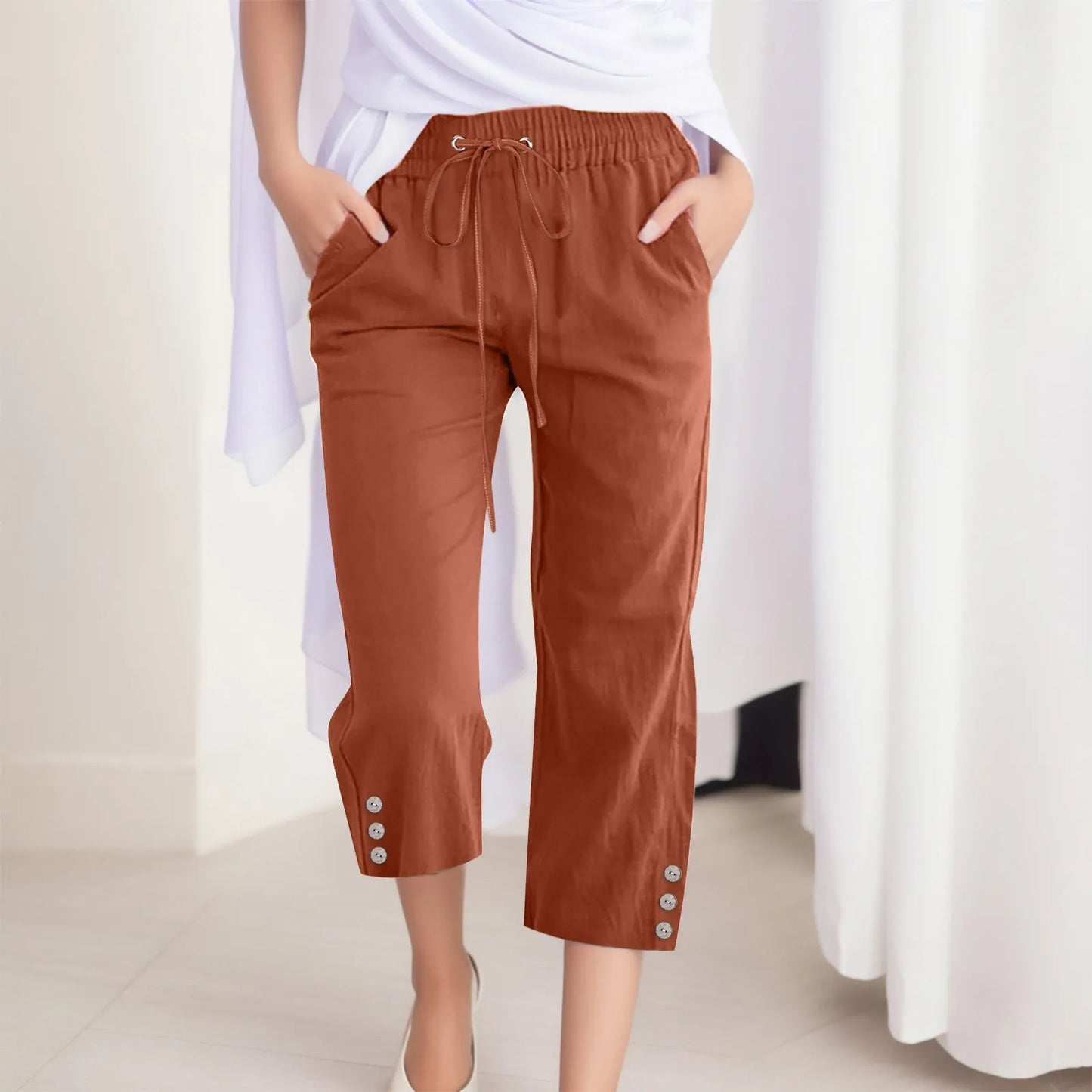 Cotton Linen Capri Pants For Women