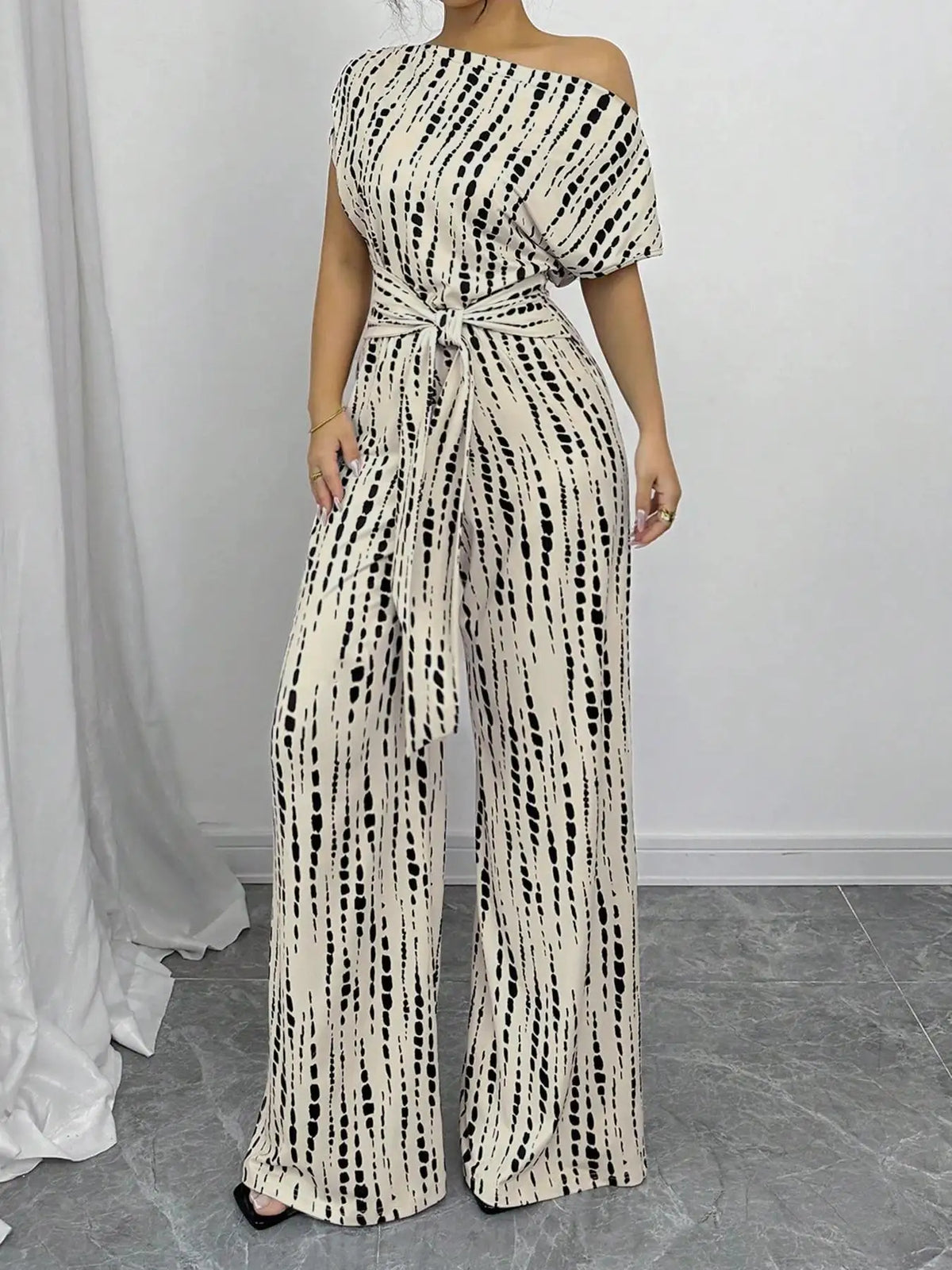 Slanted Shoulder Wide Leg Jumpsuit