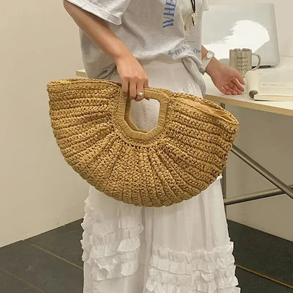 Handmade Half Moon Straw Tote Bag