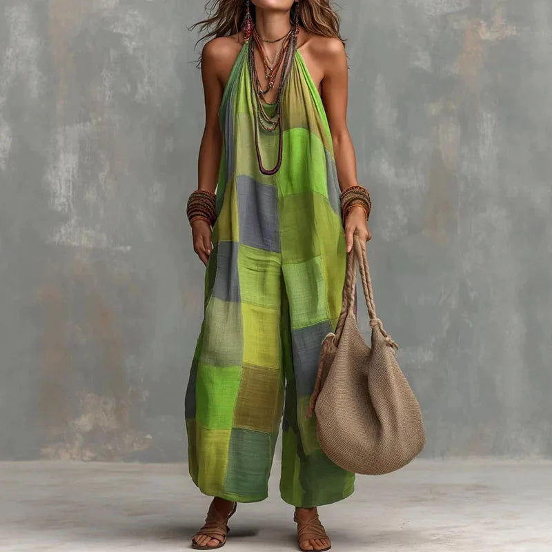 Bohemian Patchwork Halter Wide Leg Jumpsuit