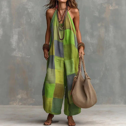 Bohemian Patchwork Halter Wide Leg Jumpsuit
