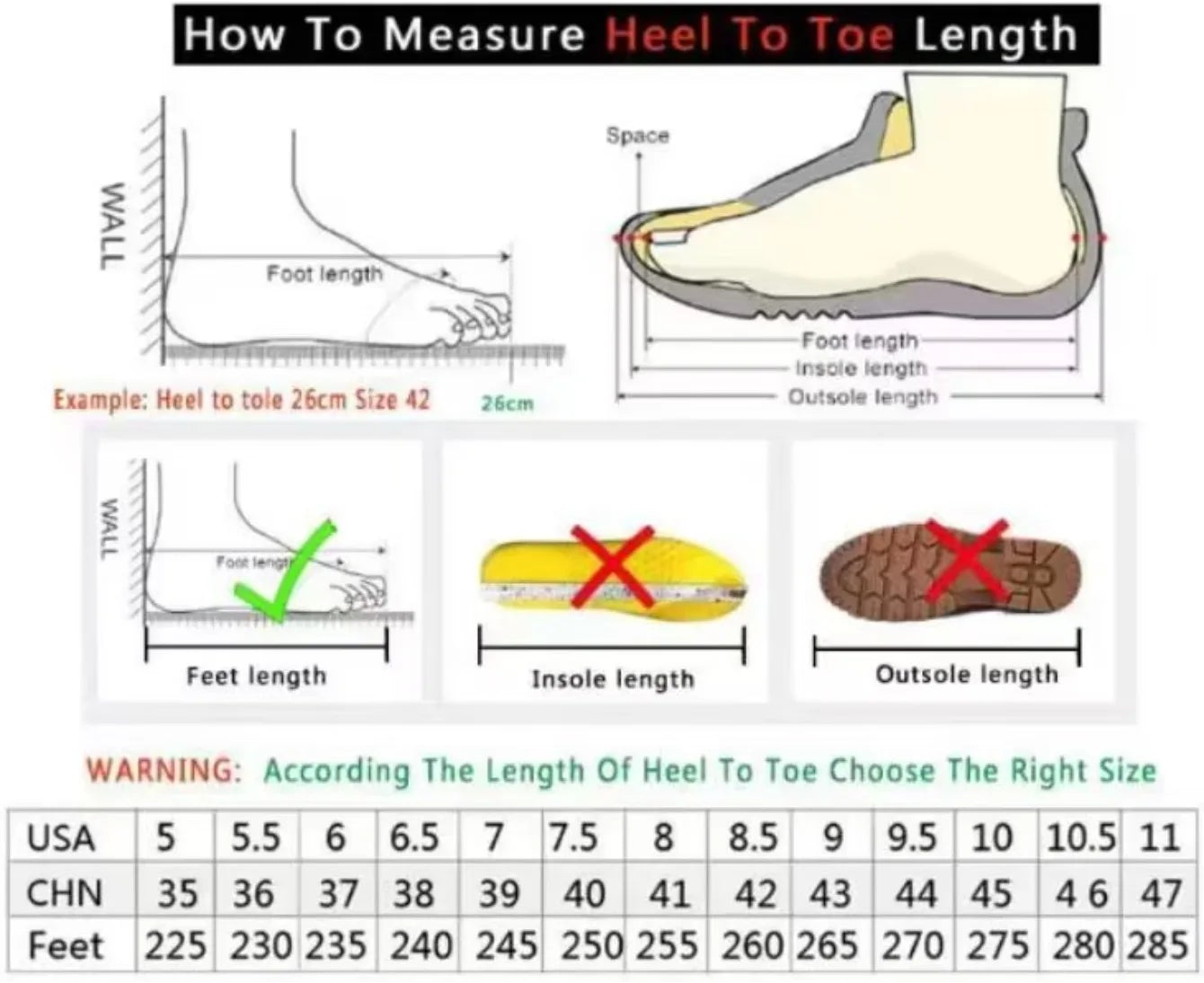 Measurement guide for shoe size with text about selling high-quality shoes.