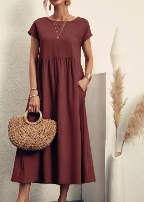 Elegant Summer Linen Dress Burgundy / S