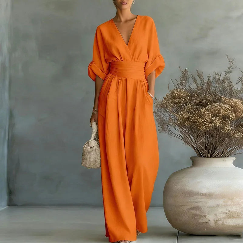 Deep V Wrap Wide Leg Jumpsuit