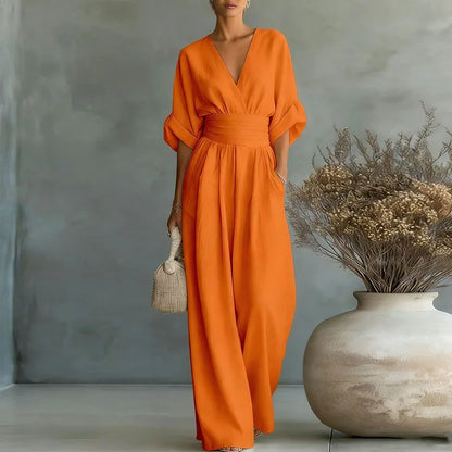 Deep V Wrap Wide Leg Jumpsuit